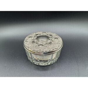 Art Nouveau Glass Powder Jar Mirrored Moulded Lily Design Plated Cover Trinket